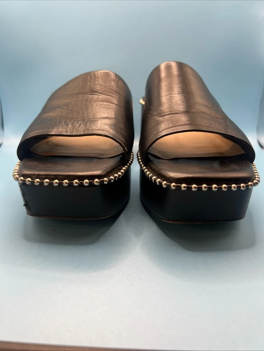 Gianni Bini Roemer Ball Chain Black Platform Slide Mule Chunky Heels Wms 9.5M